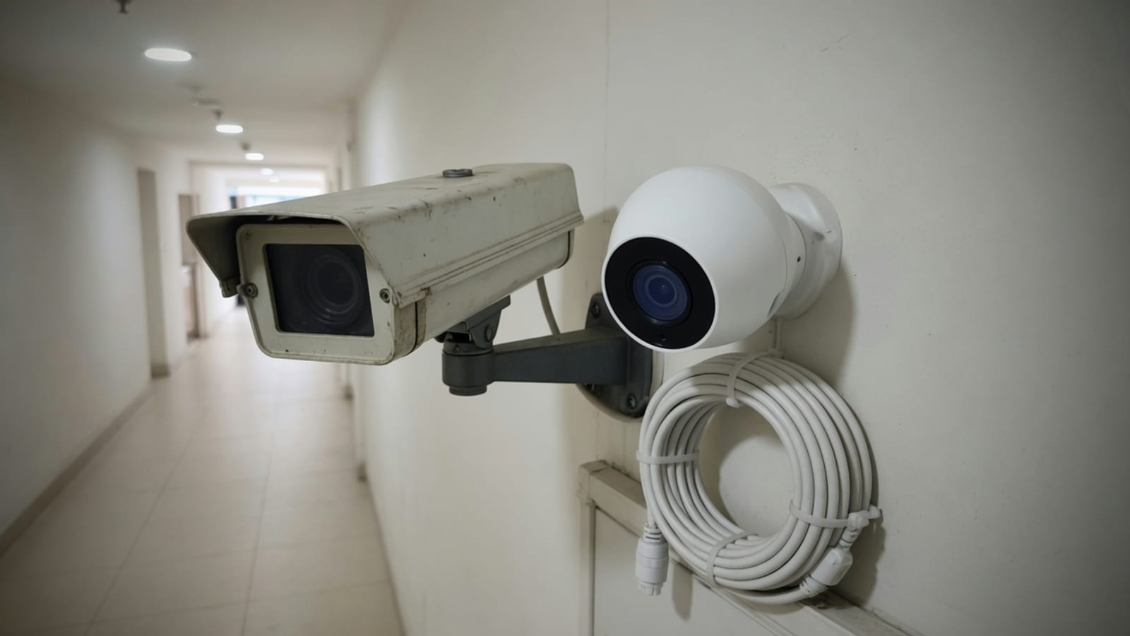 Stara analogowa kamera CCTV obok nowo zamontowanej kamery kopułkowej IP w korytarzu, w trakcie modernizacji systemu.