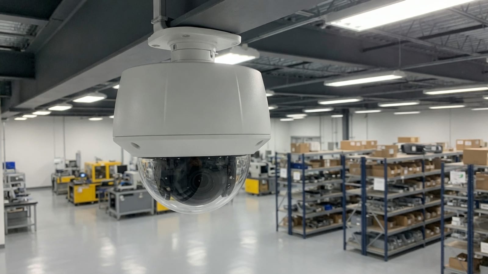 Kamera kopułkowa CCTV zamontowana na belce stropowej w hali produkcyjno-magazynowej.